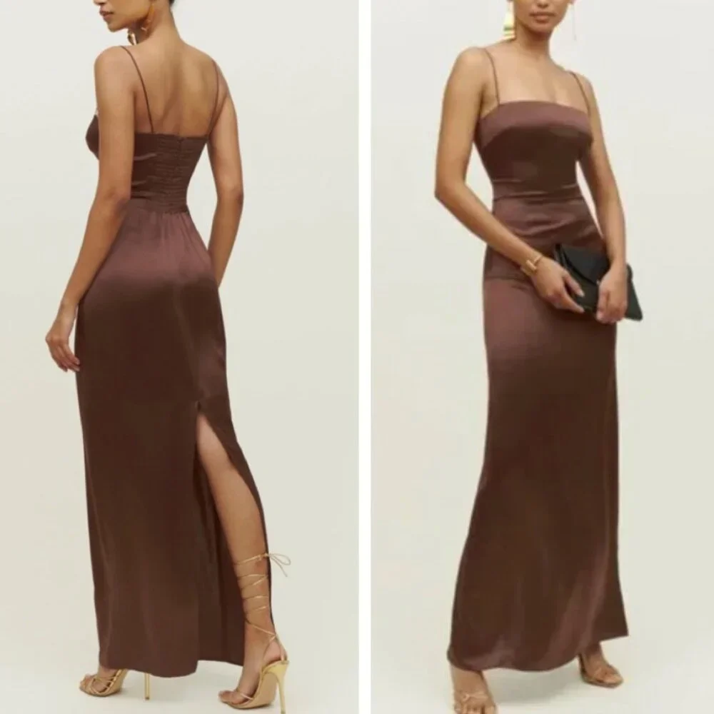 BEST Reformation Frankie Silk Maxi Dress Sz4 Cafe Chocolate Cocktail Party Forma - Picture 3 of 10